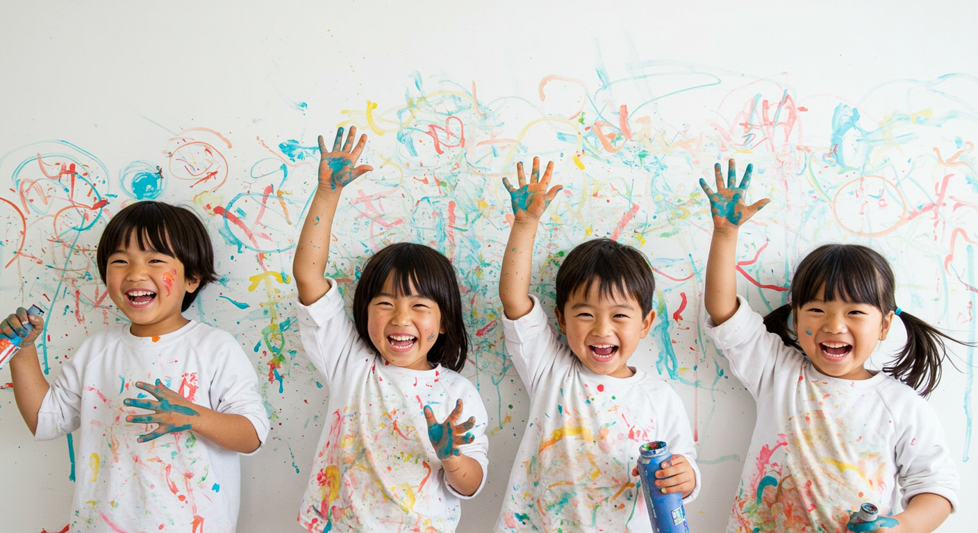 Happy children with paint-covered hands celebrating creativity